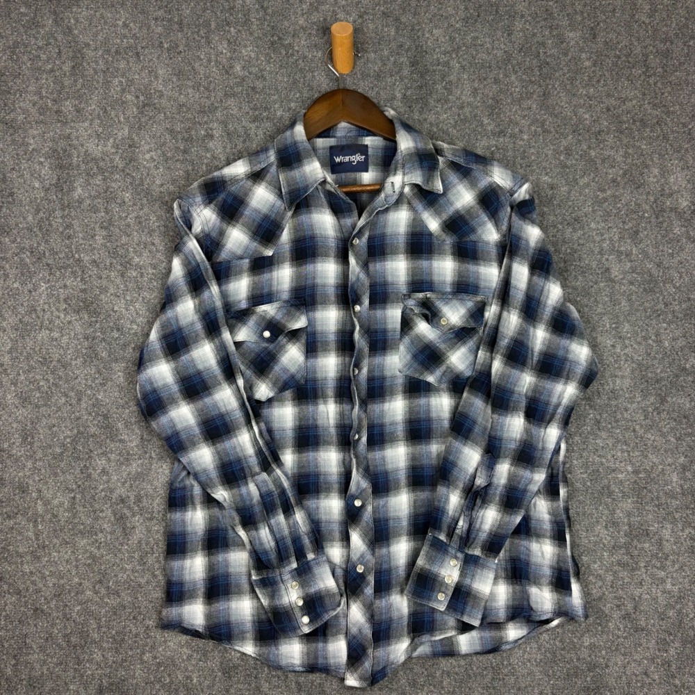 Wrangler Mens Blue White Plaid Western Snap Flannel Shirt Large 75BP05X